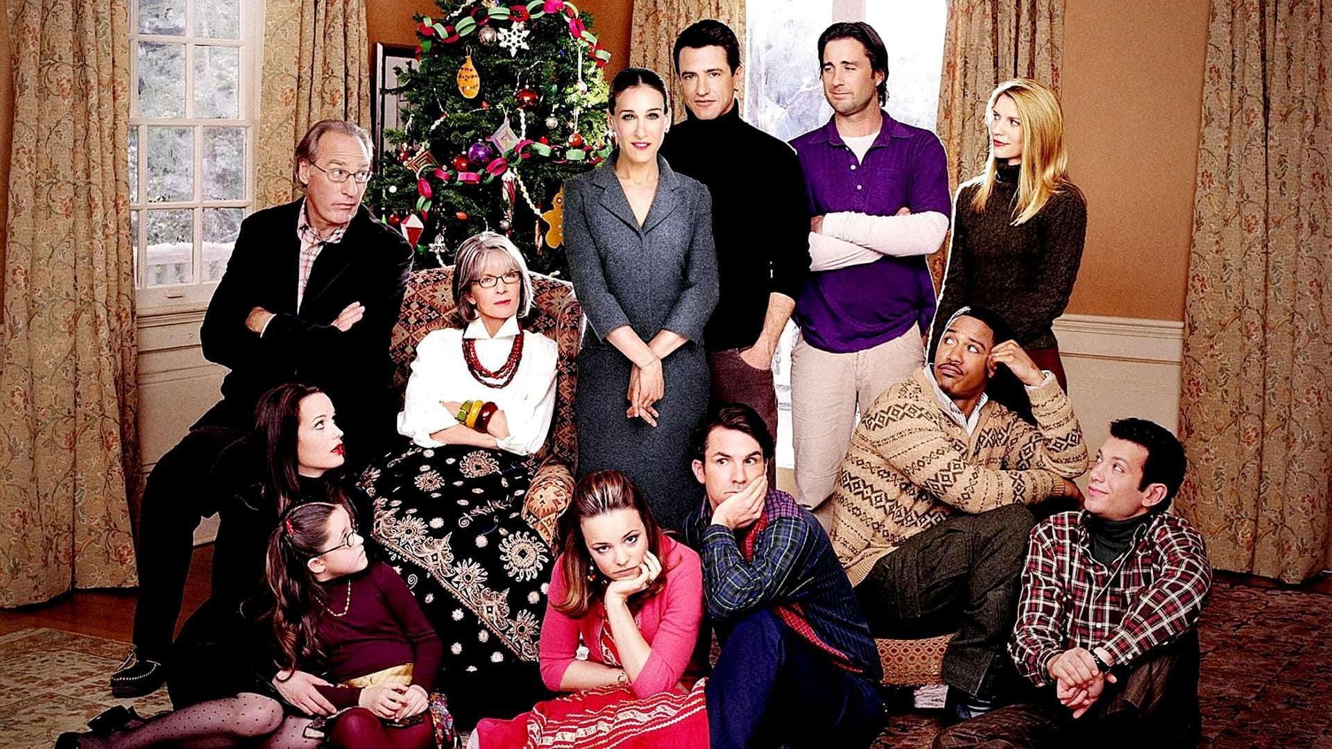 The cast of the 2005 film The Family Stone gathered around the Christmas tree, with Diane Keaton seated at the centre as matriarch Sybil Stone