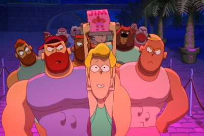 The Gym Queens hoist Lucien aloft in Nicolas Athané and Marco Nguyen's animated comedy Jim Queen