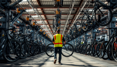 A bicycle assembly line inside a large European factory, with unbranded frames on overhead conveyors and an anonymous worker inspecting a frame.