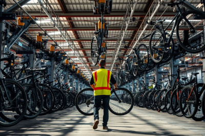 A bicycle assembly line inside a large European factory, with unbranded frames on overhead conveyors and an anonymous worker inspecting a frame.