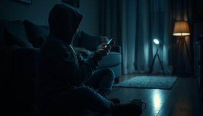 A person alone at night lit by a phone screen
