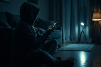A person alone at night lit by a phone screen