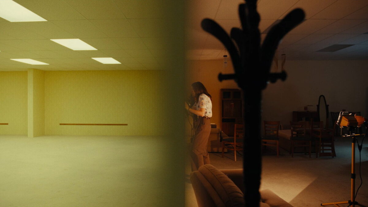 A split-frame shot in BACKROOMS contrasting the empty liminal space with a figure navigating a darker room