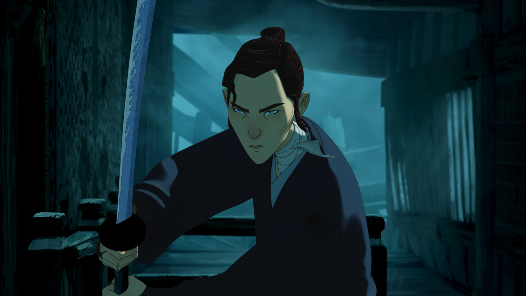 Mizu, sword drawn, in Netflix animated series “Blue Eye Samurai”