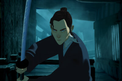 Mizu, sword drawn, in Netflix animated series “Blue Eye Samurai”