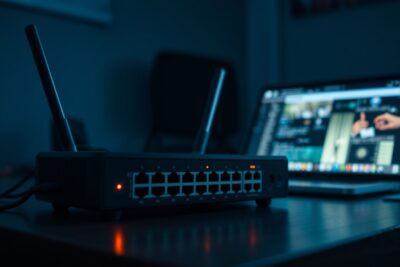 A home router and network switch glowing in a dark room