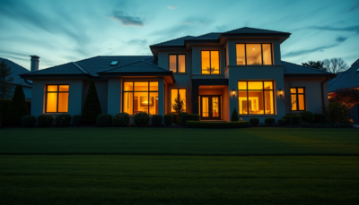 A modern luxury house exterior at dusk with warm golden light glowing through large windows