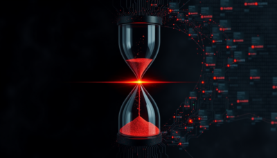 Abstract digital hourglass dissolving into cascading data nodes — representing the shrinking window between vulnerability disclosure and exploitation