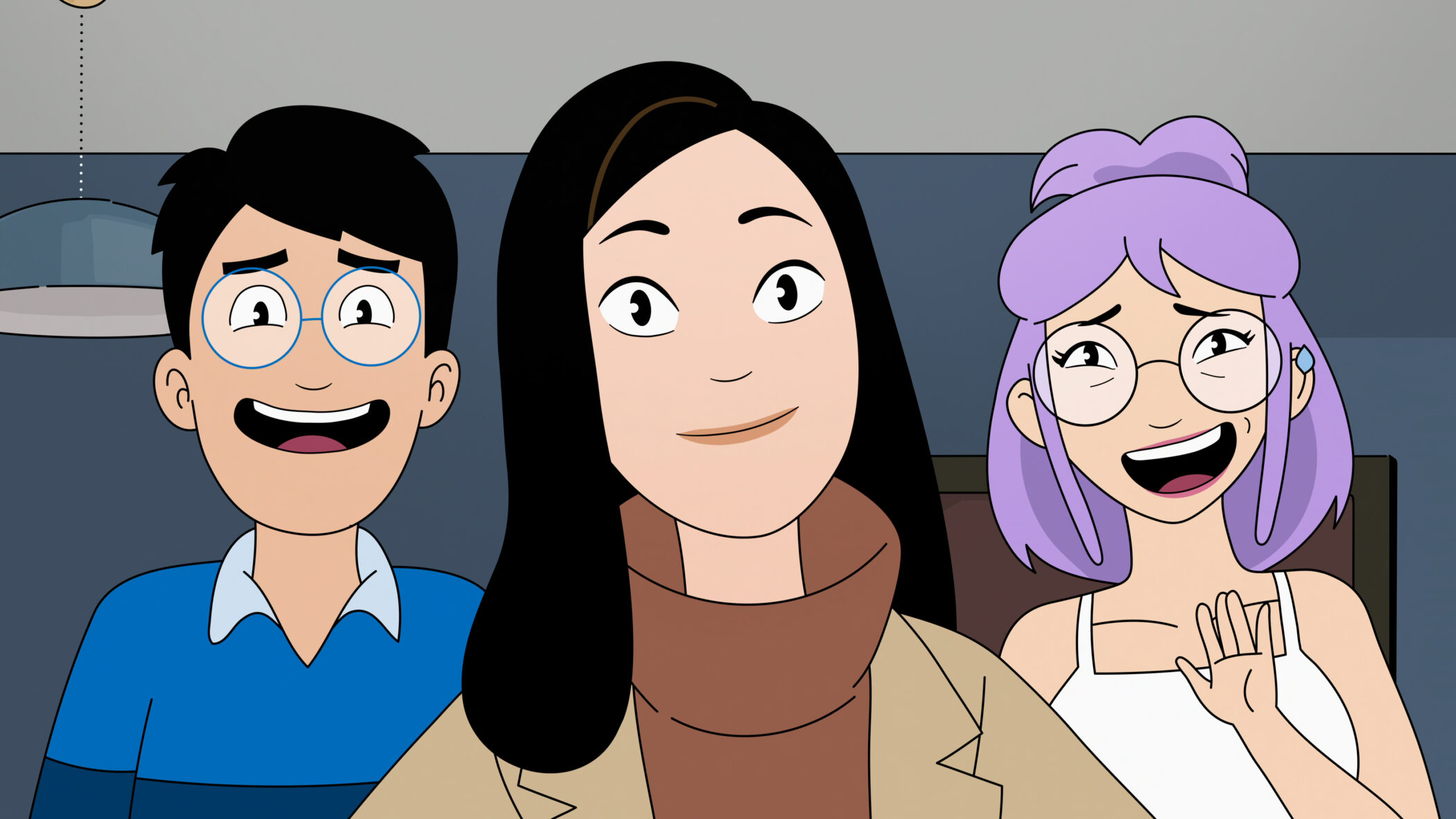 Andrew Law as Andrew Dang, Stephanie Hsu as Ruthie Dang and Poppy Liu as Eunice Dang in DANG!