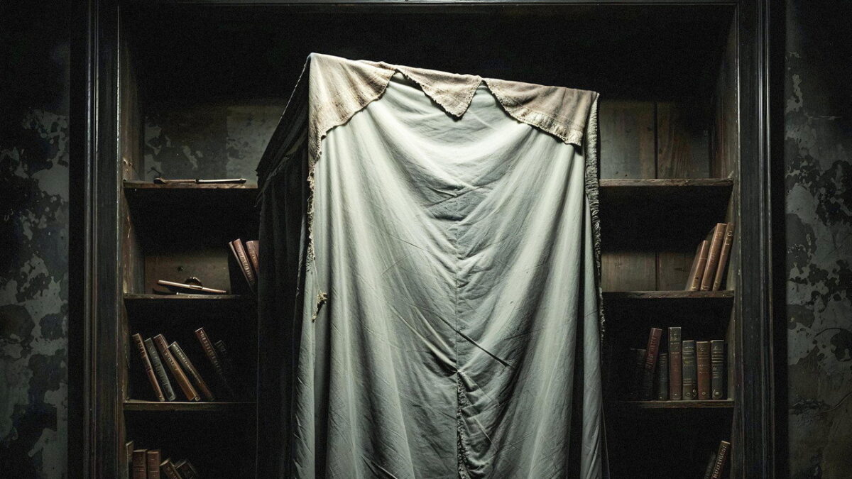 A shrouded fairground fortune-telling machine in a derelict room, from the British horror film Harbinger 2026