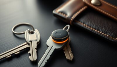 A single small pill-shaped Bluetooth tracker resting on house keys and a leather wallet on