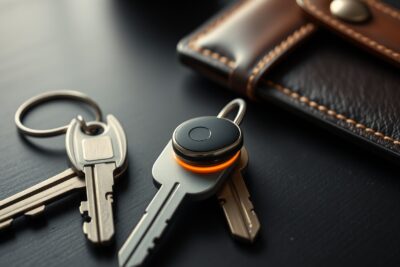 A single small pill-shaped Bluetooth tracker resting on house keys and a leather wallet on