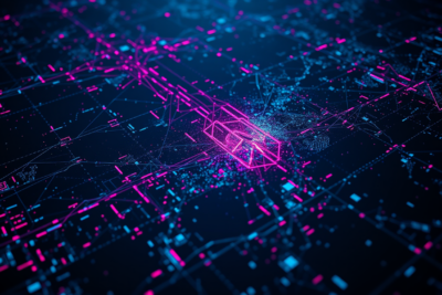 Abstract satellite grid with cyan and magenta AI-generated imagery overlay
