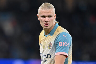 Erling Haaland in a Manchester City shirt during a match