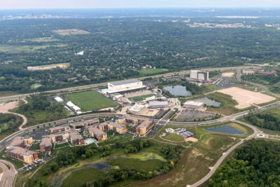 NFL training facility aerial view showing practice fields and buildings