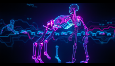 Abstract robotic skeleton with layered neon simulation space — conceptual visualization of physical AI home training