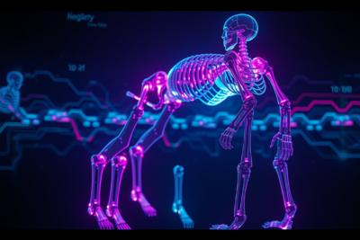 Abstract robotic skeleton with layered neon simulation space — conceptual visualization of physical AI home training