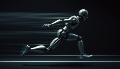 Metallic humanoid robot in sprint pose with motion blur — World Humanoid Robot Games Beijing