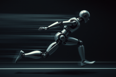 Metallic humanoid robot in sprint pose with motion blur — World Humanoid Robot Games Beijing
