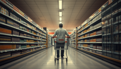 An anonymous shopper seen from behind pushing a mostly empty cart through a retail store aisle, illustrating slowing US consumer spending.