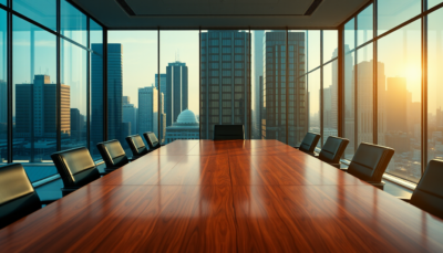 An empty corporate boardroom with floor-to-ceiling glass walls overlooking a city skyline at dawn, a single chair pulled out at the head of a polished conference table