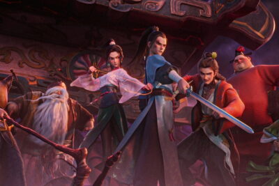 Animated ensemble from Mu Zhengyang's All Wishes Come True!, the eight would-be immortals poised before a temple.