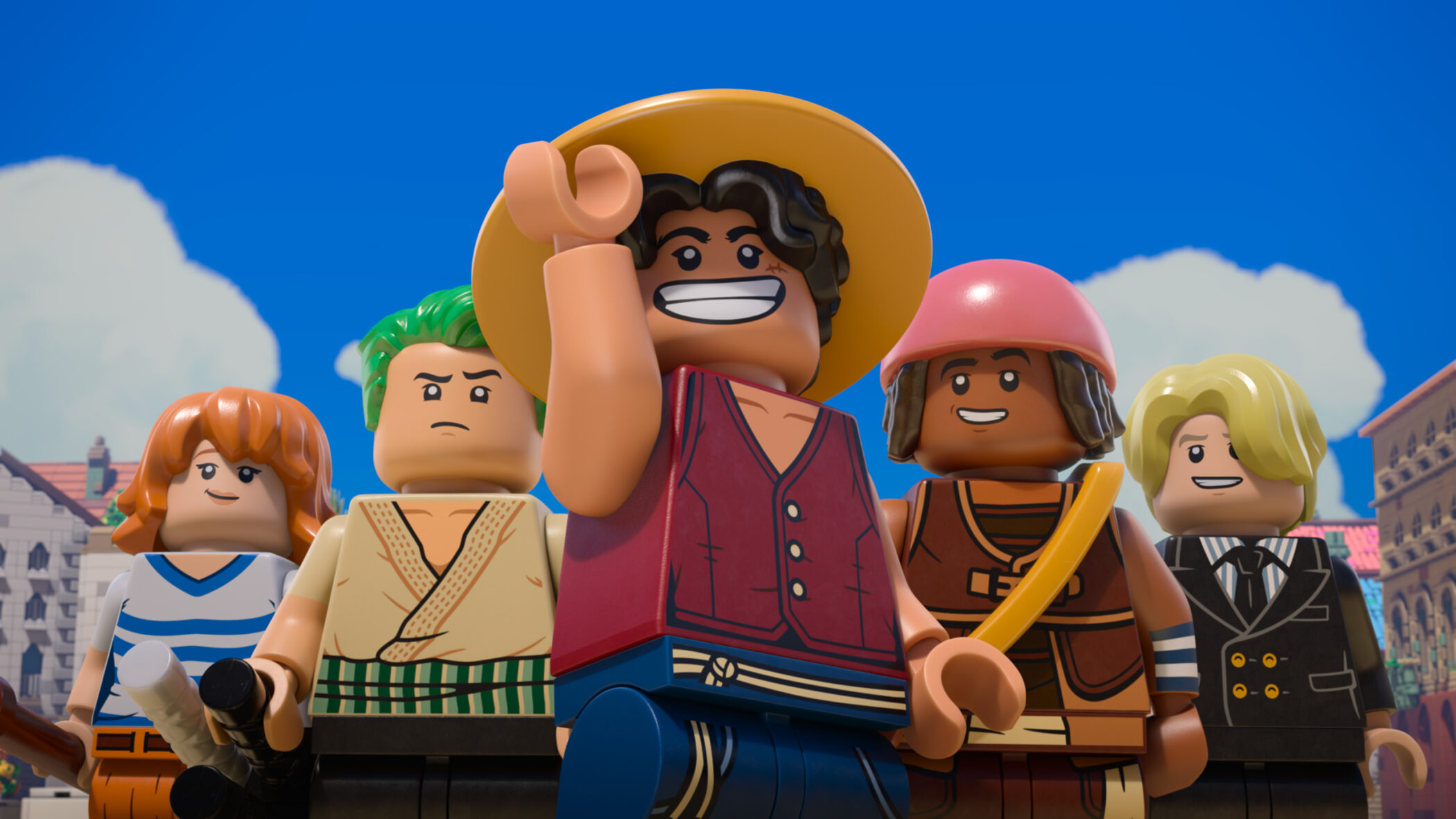 The Straw Hat crew as LEGO minifigures in LEGO ONE PIECE: Nami, Zoro, Luffy, Usopp and Sanji