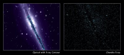 Chandra X-ray Observatory composite image of hot intracluster gas around quasar H1821+643, showing turbulent X-ray emission extending across 300,000 light-years