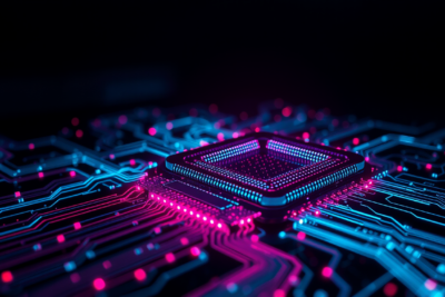 Abstract circuit board with neon cyan and magenta lighting representing AI chip architecture