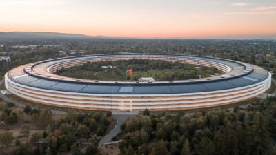 Aerial view of Apple Park headquarters in Cupertino, California — the circular campus of the world's most valuable technology company