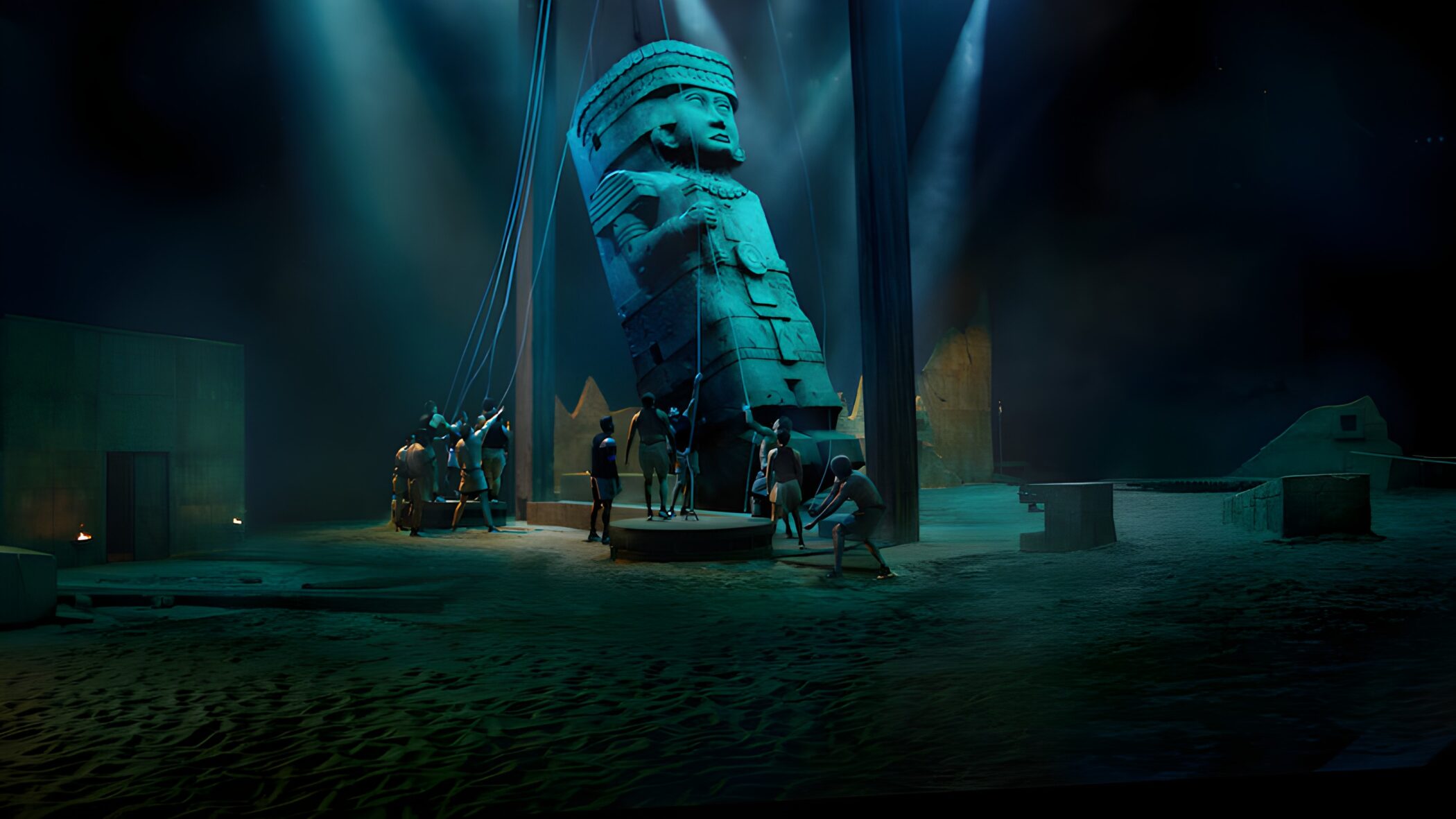 Contestants haul a giant pre-Hispanic statue in the arena of Physical 100: Mexico