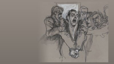 Courtroom sketch of David Berkowitz being restrained by guards