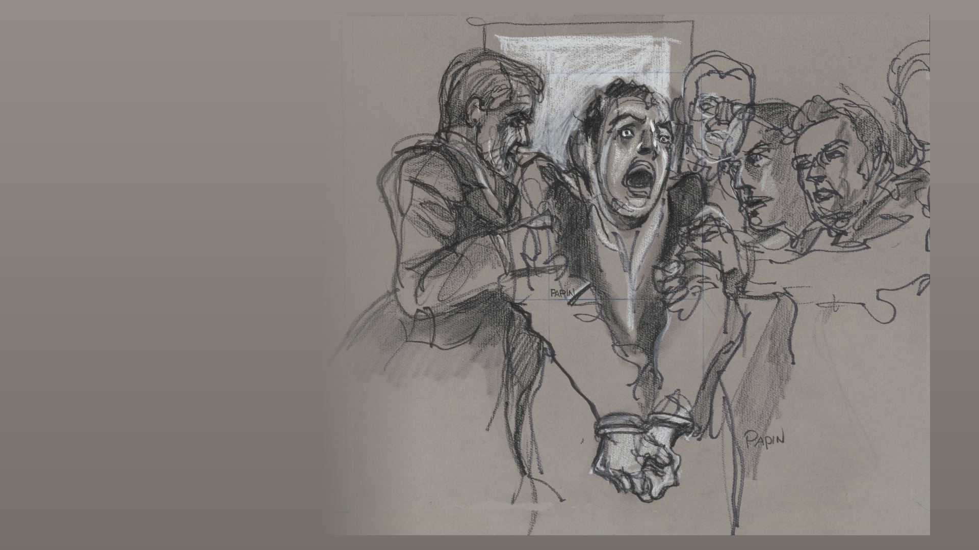 Courtroom sketch of David Berkowitz being restrained by guards
