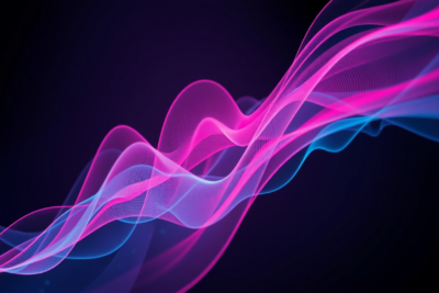 Abstract neon cyan and magenta acoustic waveform visualization on dark background — conceptual image of AI voice cloning