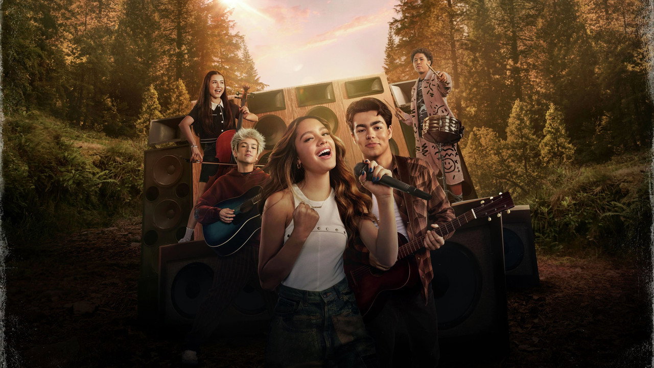 The new Camp Rock campers gather around a giant speaker stack in Veronica Rodriguez's Camp Rock 3.