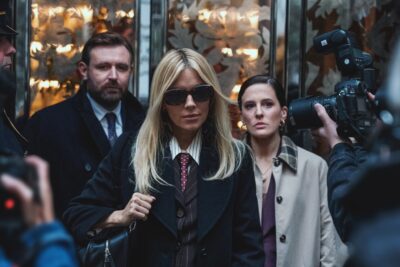 Sienna Miller as Carla Duval entering court flanked by her legal team in WAR (HBO)