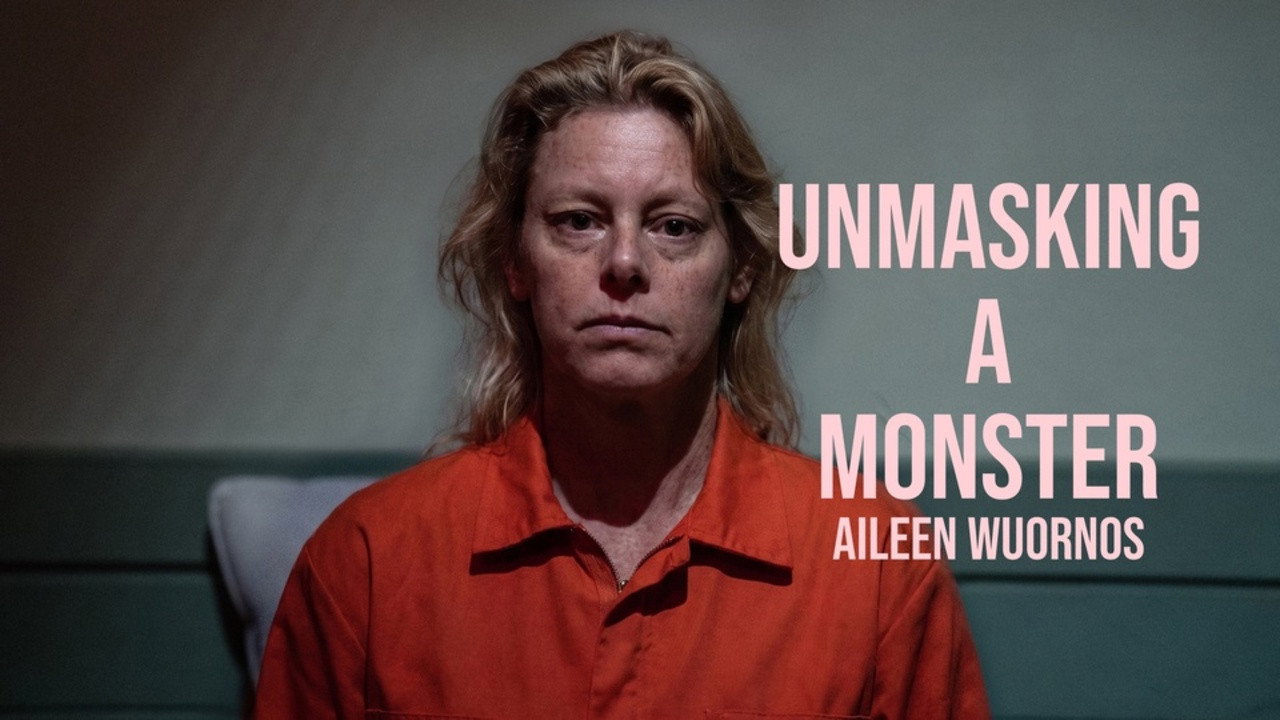 Key art for Unmasking a Monster: Aileen Wuornos showing the digitally recreated Aileen Wuornos seated in an orange prison jumpsuit