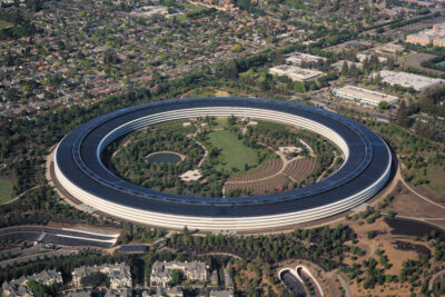 Aerial view of Apple Park, Apple's circular 'spaceship' headquarters in Cupertino, California — identifying landmark for Apple Inc. stories