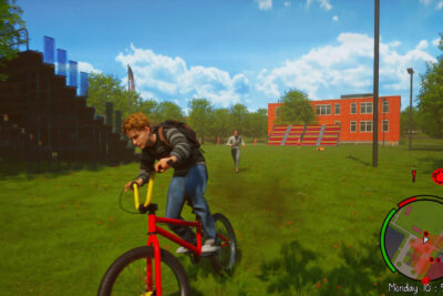 Sam rides a BMX bike across the Agefield High campus lawn