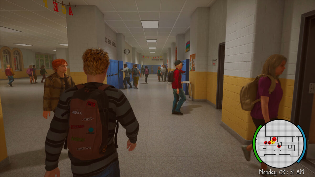 Students crowd a locker-lined hallway at Agefield High
