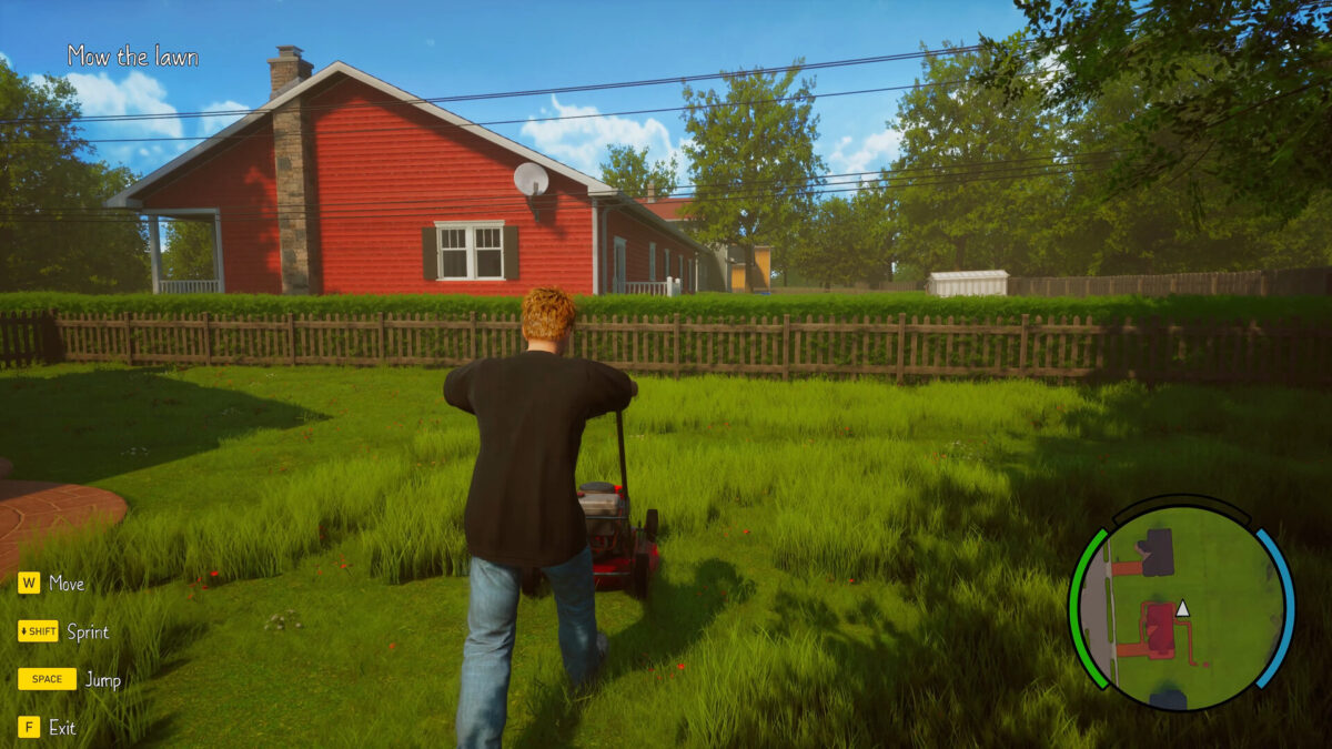 Sam mows a suburban lawn as a side hustle in Agefield