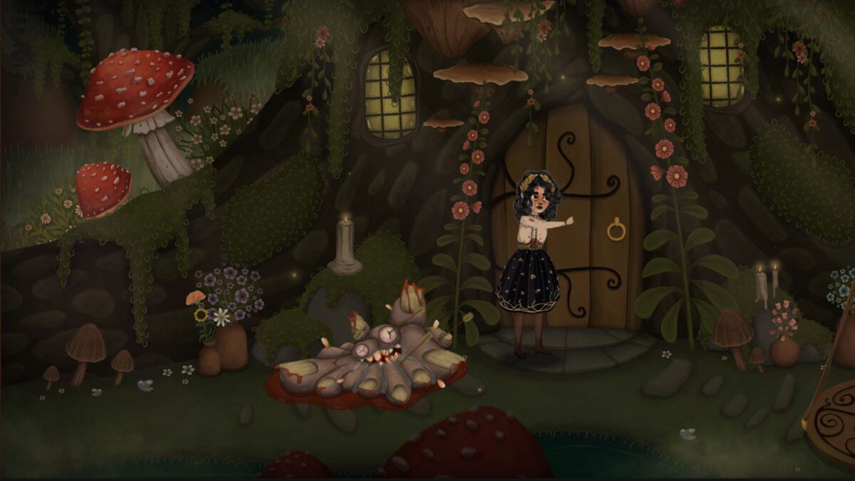 Nora outside a mushroom-covered cottage door in Gruesome Grove, beside a grisly pile of toes