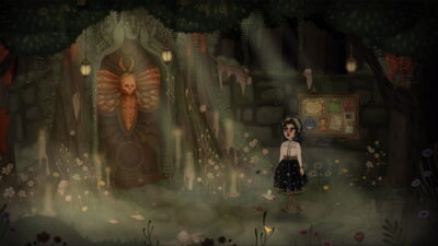 Nora stands before a carved moth shrine in a misty, candlelit forest glade in Allogloom
