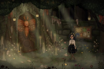Nora stands before a carved moth shrine in a misty, candlelit forest glade in Allogloom