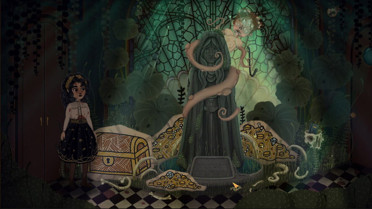 Nora faces a hooded statue wrapped by a pale tentacled creature above a pile of treasure
