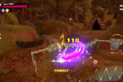 Cello lands an on-beat attack in Alpha Nomos, a PERFECT timing strike in a forest arena