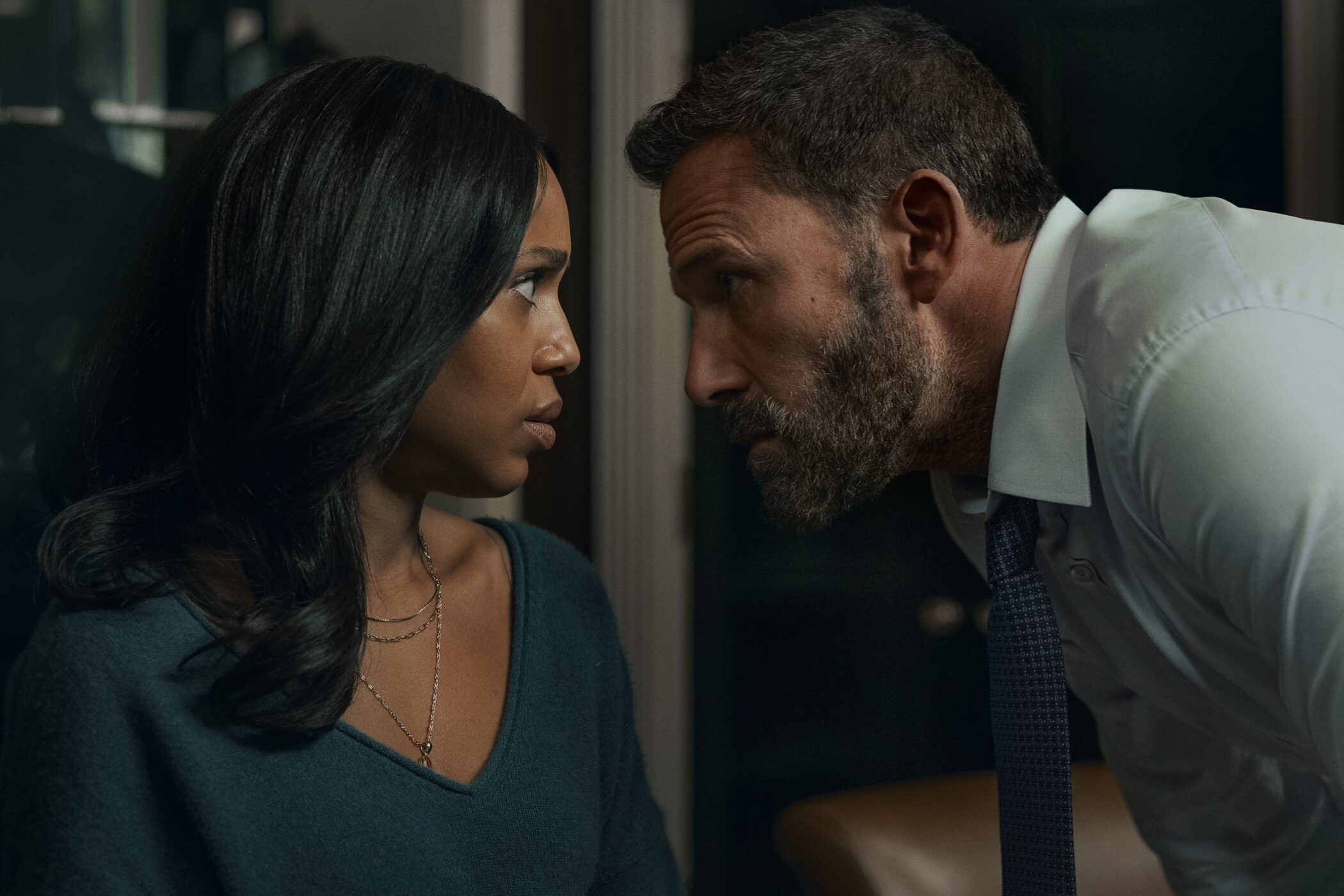 Kerry Washington and Ben Affleck face to face in the Netflix film Animals