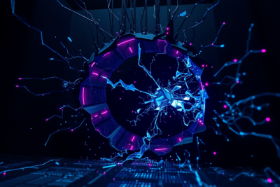 Abstract dark containment geometry with neon cyan fractures — FLUX editorial illustration