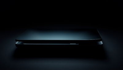 Ultra-thin folded smartphone device with visible hinge in dark studio lighting