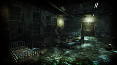 An abandoned ward of the Hanwell Mental Institute with rusted bed frames and a lit doorway
